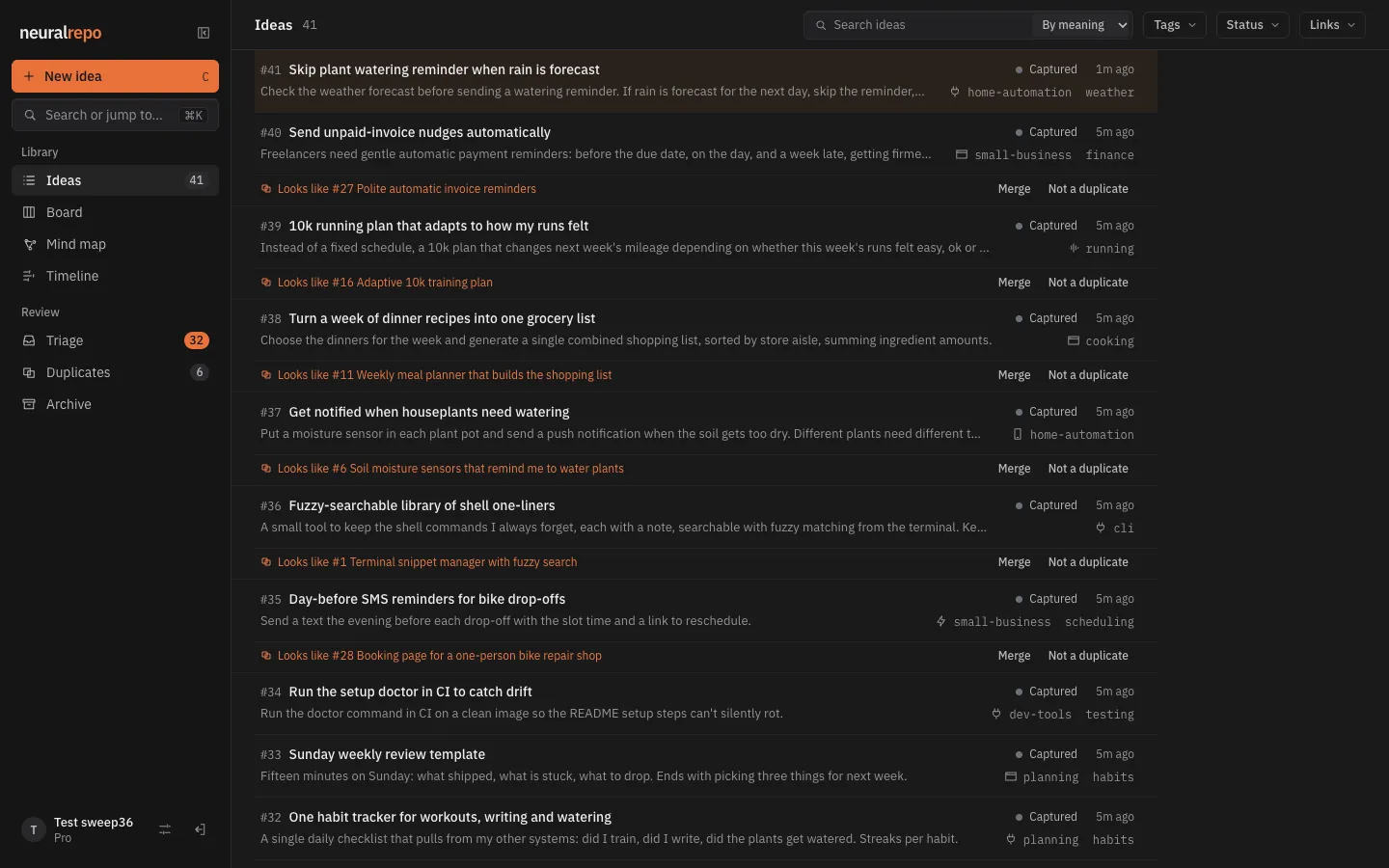 Idea list where likely duplicates show a 